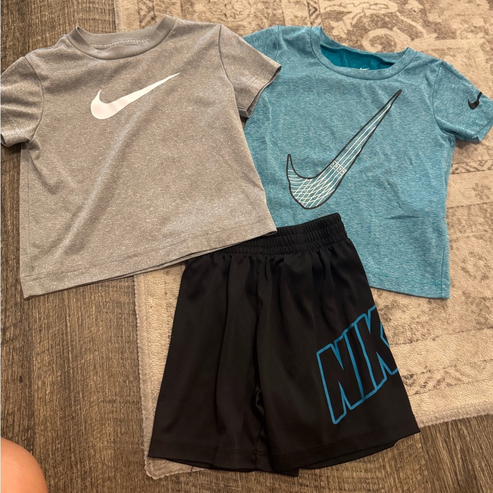 Nike Gray and Blue Toddler T-Shirts with Black Shorts